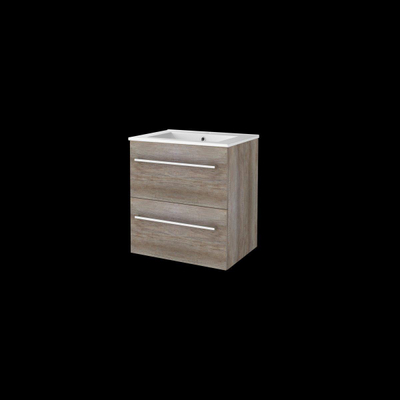 Basic-Line Start 46 ensemble de meubles de salle de bain 60x46cm avec poignées 2 tiroirs lavabo en porcelaine 1 trou pour robinet mfc scotch oak