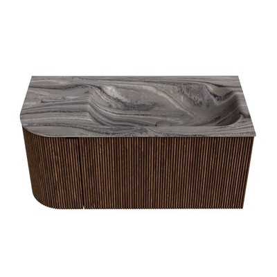 MONDIAZ KURVE-DLUX Meuble de salle de bains 95cm arrondi à gauche couleur Walnut avec 1 tiroir et 1 porte. Lavabo BIG SMALL à droite 1 trou de robinet Sombra.