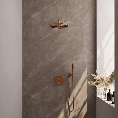 BRAUER Copper Carving douche de pluie encastrée thermostatique - 3 voies - rond - set 76 - pomme de douche 30cm - bras mural courbé - douchette barre - flexible de douche - coude d'alimentation mural - cuivre brossé PVD