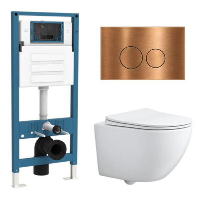 QeramiQ Dely Swirl Compact Ensemble WC - réservoir encastré QeramiQ flush - abattant slim - plaque de commande métallique cuivre - boutons ronds - blanc mat