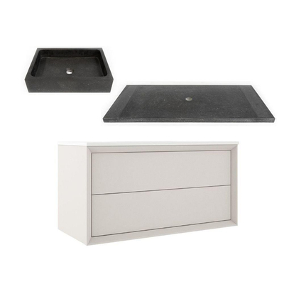 Saniclass Prime Core Badkamermeubelset - 100x55x46cm - 2 lades - met wastafelblad - zonder kraangat - waskom 50cm - natuursteen donker - mat cotton (beige) SHOWROOMMODEL