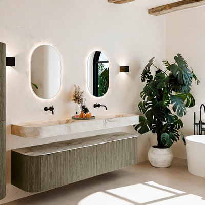 MONDIAZ THOR-DLUX 190cm meuble de salle de bains arrondi gauche + droite couleur Shadow avec 2 tiroirs et 2 portes. Vasque suspendue CLOUD Double sans trou de robinet couleur Frappe.