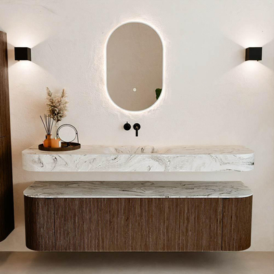 MONDIAZ THOR-DLUX 170cm badmeubel ronding links + rechts kleur Walnut met 1 lade en 2 deuren. Vrijhangende wastafel CLOUD Midden zonder kraangat kleur Glace.