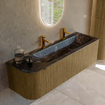 Mondiaz KURVE-DLUX Badkamermeubelset - 145x46x40cm - 1 lade - 1 deur - wastafel solid surface - rechts - 2 kraangaten - Dusk