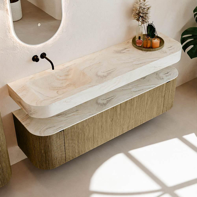 MONDIAZ THOR-DLUX 170cm meuble de salle de bains arrondi gauche + droite couleur Dusk avec 1 tiroir et 2 portes. Vasque suspendue CLOUD gauche sans trou de robinet couleur Ostra.