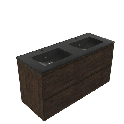 Saniclass Holz Pure Ensemble de meubles de salle de bains - 120x45x62cm - lavabo Vygo en céramique noir - 2 vasques - 2 trous de robinet - 4 tiroirs - chêne charcoal mat (bois)