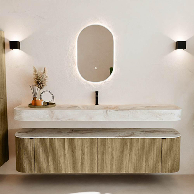 MONDIAZ THOR-DLUX 190cm meuble de salle de bains arrondi gauche + droite couleur Dusk avec 2 tiroirs et 2 portes. Vasque suspendue CLOUD Milieu 1 trou de robinet couleur Frappe.