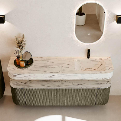 MONDIAZ THOR-DLUX 170cm meuble de salle de bains arrondi gauche + droite couleur Shadow avec 1 tiroir et 2 portes. Vasque suspendue CLOUD Droite 1 trou de robinet couleur Nata.