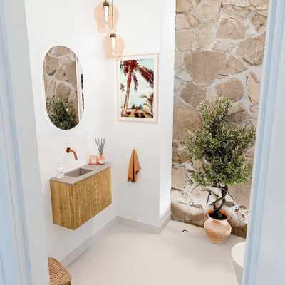 Mondiaz JOYA-DLUX 61.6cm toiletmeubel - ronding rechts kleur Oak - Wastafel FAYE positie Links Zonder kraangat kleur Saba.