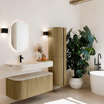 MONDIAZ THOR-DLUX Meuble de salle de bains 110cm arrondi gauche + droite couleur Dusk avec 1 tiroir et 2 portes. Vasque suspendue CLOUD Gauche 1 trou de robinet couleur Nata.