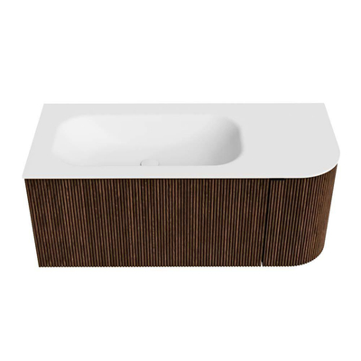 MONDIAZ KURVE Meuble de salle de bains 105 cm avec module 25 R couleur Walnut avec 1 tiroir et 1 porte. Lavabo BIG SMALL gauche sans trou de robinet Talc.