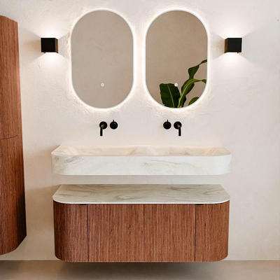 MONDIAZ THOR-DLUX 120cm meuble de salle de bains arrondi gauche + droite couleur Ruby avec 1 tiroir et 2 portes. Vasque suspendue CLOUD Double sans trou de robinet couleur Ostra.