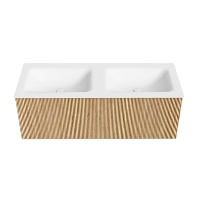 MONDIAZ KURVE Meuble de salle de bains 120 cm couleur Oak avec 1 tiroir. Lavabo CLOUD double 2 trous de robinet Talc.