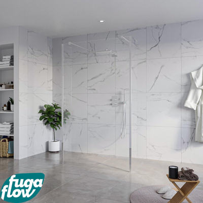 FugaFlow Eccelente Vetro Vrijstaande inloopdouche badkamer - 120x200cm - Helder - antikalk - 8mm veiligheidsglas - 2 zijwanden 30cm - met wandarmen en hoekprofielen - Chroom -