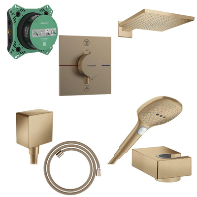 Hansgrohe Raindance e Doucheset - hoofddouche - handdouche - muuraansluitbocht - wandhouder - inbouwdeel - thermostaat - doucheslang - brushed brons