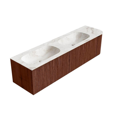 Mondiaz KURVE-DLUX Ensemble de meuble de salle de bains - 175x46x40cm - 2 tiroirs - 1 porte - vasque solid surface - double / gauche - sans trou de robinet - Ruby