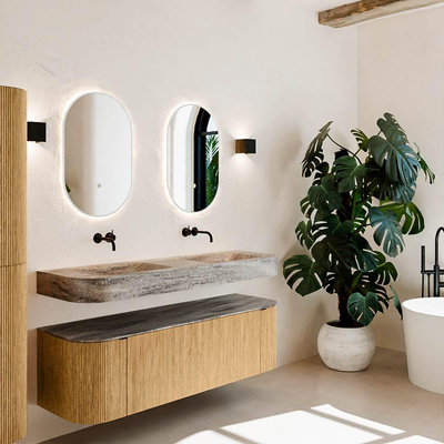 MONDIAZ THOR-DLUX 150cm meuble de salle de bains arrondi gauche + droite couleur Oak avec 1 tiroir et 2 portes. Vasque suspendue CLOUD Double sans trou de robinet couleur Oza.