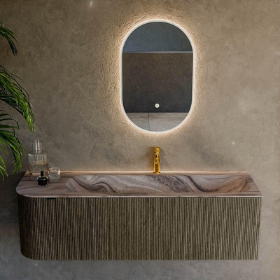 MONDIAZ KURVE-DLUX Meuble de salle de bains 145cm arrondi à gauche couleur Shadow avec 1 tiroir et 1 porte. Lavabo BIG LARGE à droite 1 trou de robinet Sombra.