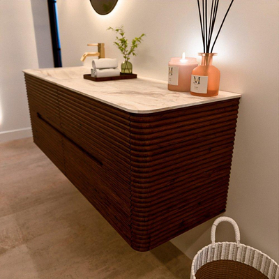 Mondiaz CIRO-DLUX Ensemble de meubles de salle de bains - 140x45x50cm - lavabo en solid surface Frappe - 1 vasque à gauche - 1 trou de robinet - 4 tiroirs - Ruby