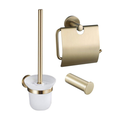 Fortifura Calvi Toiletset 3-delig - toiletrolhouder met klep - toiletborstel - handdoekhaak dubbel rond - Geborsteld Messing PVD (Goud)