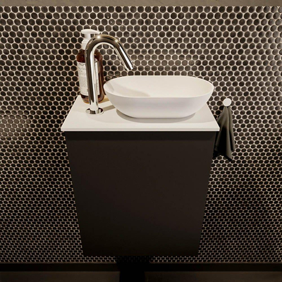 Mondiaz Fowy Meuble de toilette - 40x50x23cm - urban mat - 1 trou de robinet - lavabo à droite - 1 porte - solid surface - plan MDF - lavabo : blanc