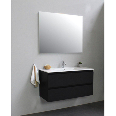 Basic Bella Meuble lavabo céramique avec 1 trou de robinet avec miroir 100x55x46cm Flat Pack Noir mat