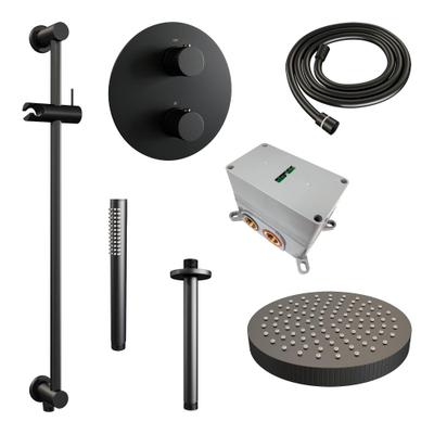 BRAUER Stripe Thermostatique Douche de pluie encastrée - 3 voies - ronde - SET 45 - pomme de douche 25cm - bras plafond - douchette à main avec barre coulissante intégrée - flexible de douche - noir mat