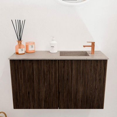 Mondiaz JOYA-DLUX 70cm toiletmeubel - kleur Walnut - Wastafel FAYE positie Rechts 1 kraangat kleur Saba.