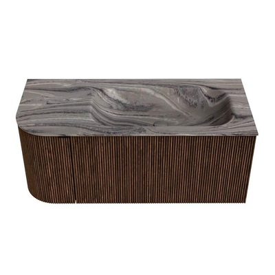 MONDIAZ KURVE-DLUX Meuble de salle de bains 105cm arrondi à gauche couleur Walnut avec 1 tiroir et 1 porte. Lavabo BIG SMALL à droite sans trou de robinet Sombra.