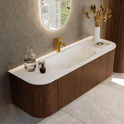 MONDIAZ KURVE-DLUX 140cm badmeubel met module 25 Len R kleur Walnut met 1 lade en 2 deuren. Wastafel BIG SMALL midden 1 kraangat kleur Opalo.