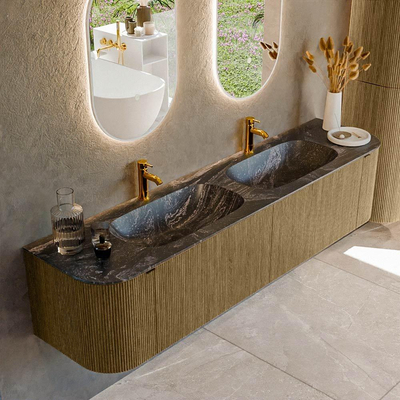 Mondiaz KURVE-DLUX Badkamermeubelset - 190x46x40cm - 2 lade - 2 deuren - wastafel solid surface - dubbel - 2 kraangaten - Dusk