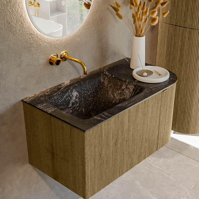 Mondiaz KURVE-DLUX Ensemble de meubles de salle de bains - 85x46x40cm - 1 tiroir - 1 porte - lavabo solid surface - gauche - sans trou de robinet - Dusk