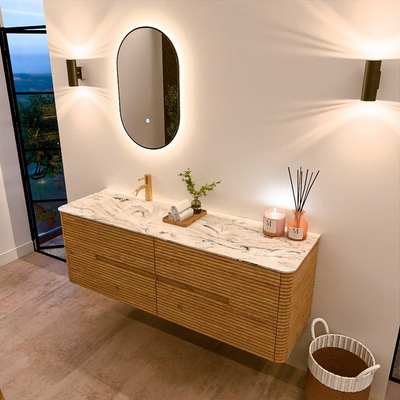 Mondiaz CIRO-DLUX Ensemble de meubles de salle de bains - 150x45x50cm - Plan vasque solid surface Glace - 1 lavabo à gauche - 1 trou de robinet - 4 tiroirs - Chêne