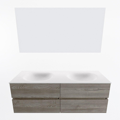 Mondiaz VICA ensemble de meuble de salle de bain - 140cm - meuble sous-vasque marron clair gris - 4 tiroirs - lavabo lune double - sans trous de robinet - couleur talc - miroir LED - version XL 60cm de haut