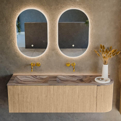 MONDIAZ KURVE-DLUX Meuble de salle de bains 145cm arrondi à droite couleur Chêne avec 1 tiroir et 1 porte. Lavabo LEAF Double / Gauche sans trou de robinet Sombra.