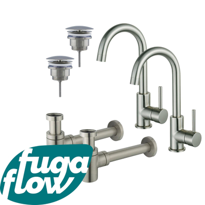 FugaFlow Eccelente Sobrado Badkamer Wastafelkraanset - voor dubbele wastafel - hoge wastafelkraan - draaibare uitloop - always open plug - verlaagde design sifon - PVD Geborsteld RVS