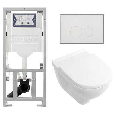 Villeroy & Boch O.novo set de toilettes avec réservoir de chasse encastré Geberit avec cuvette suspendue à évacuation profonde blanche, abattant softclose et plaque de commande à boutons ronds blanche