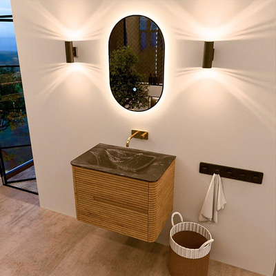 Mondiaz CIRO-DLUX Meuble de salle de bains - 70x45x50cm - lavabo solid surface Lava - 1 vasque au milieu - sans trous de robinet - 2 tiroirs - Chêne
