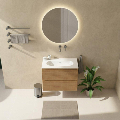 Saniclass Holz Atelier Ensemble de meuble de salle de bains - 80x45x73,9cm - Chaci lavabo en céramique blanc - 1 vasque - sans trou de robinetterie - 2 tiroirs - chêne natural mat (bois)