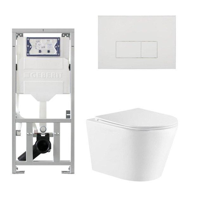 QeramiQ Dely Toiletset - 36.3x51.7cm - diepspoel - rimless - Geberit UP320 inbouwreservoir - met Burda frame - softclose toiletzitting - glans witte bedieningsplaat - rechthoekige knoppen - wit mat