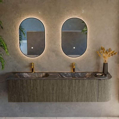 Mondiaz KURVE-DLUX Ensemble de meuble de salle de bains - 175x46x40cm - 2 tiroirs - 1 porte - lavabo solid surface - double / gauche - 2 trous de robinet - Shadow