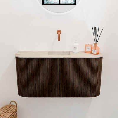 Mondiaz JOYA-DLUX 83.2cm toiletmeubel - ronding links en rechts kleur Walnut - Wastafel FAYE positie Midden Zonder kraangat kleur Frappe.