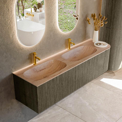 MONDIAZ KURVE-DLUX Meuble de salle de bains 165cm arrondi à droite couleur Shadow avec 2 tiroirs et 1 porte. Lavabo STOR SMALL Double / Gauche 2 trous de robinet Saba.