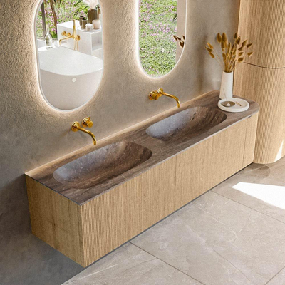 MONDIAZ KURVE-DLUX 175cm badmeubel ronding Rechts kleur Oak met 2 lades en 1 deur. Wastafel STOR SMALL Dubbel / Links zonder kraangat Oza.