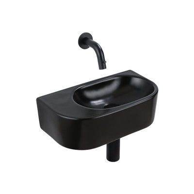 QeramiQ Fuente Ensemble de Lavabo - 40x21.5x12cm - lisse - demi-rond - céramique - ensemble de robinet noir mat - bouchon de vidange - siphon abaissé - noir mat