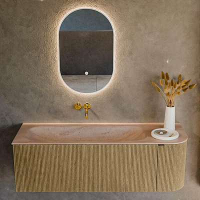 MONDIAZ KURVE-DLUX Meuble de salle de bains 135cm courbure Droite couleur Dusk avec 1 tiroir et 1 porte. Lavabo BIG MEDIUM Gauche sans trou de robinet Saba.