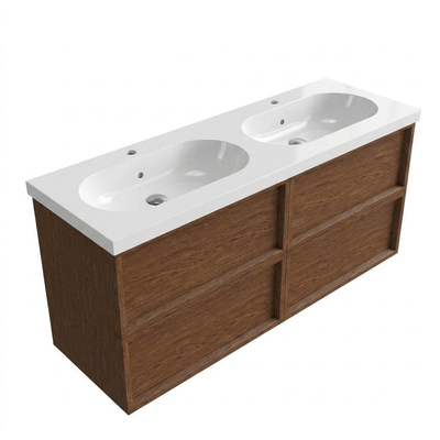 Saniclass Holz Frame Ensemble meuble de salle de bains - 140x45x63.5cm - lavabo en céramique Palermo blanc - 2 vasques - 2 trous de robinetterie - 4 tiroirs - walnut pure mat (bois)
