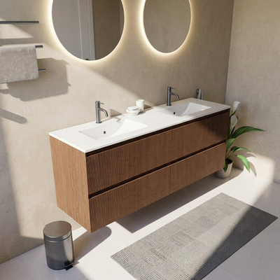 Saniclass Holz Atelier Ensemble de meubles de salle de bains - 160x45x62cm - Lavabo Vygo en céramique blanc - 2 vasques - 2 trous de robinet - 4 tiroirs - noyer pure mat (bois)