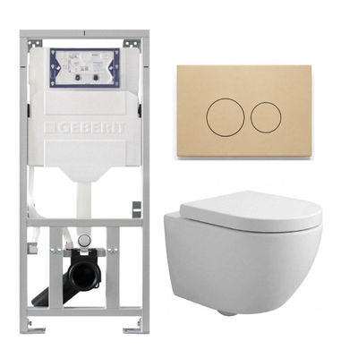 Pack WC QeramiQ Dely Swirl Compact - réservoir encastrable Geberit UP320 - avec bâti-support Burda - abattant 25 mm - plaque de commande en plastique beige - boutons ronds - blanc brillant