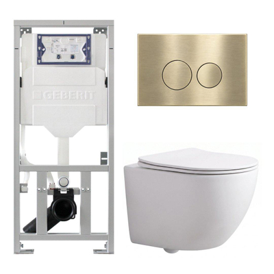 Pack WC QeramiQ Dely Swirl Compact - réservoir encastrable Geberit UP320 - avec bâti-support Burda - abattant slim - plaque de commande en plastique laiton brossé (or) - boutons ronds - blanc mat